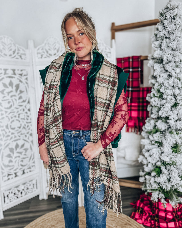 Soft Knit Plaid Scarf With Fringe Detail [ivory/red]