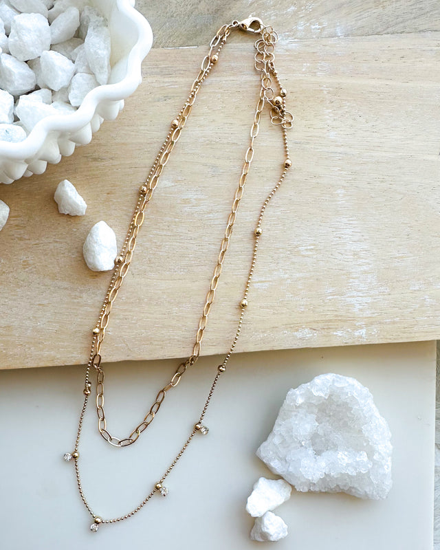 Paperclip & Rhinestone Ball Chain Necklace [gold]