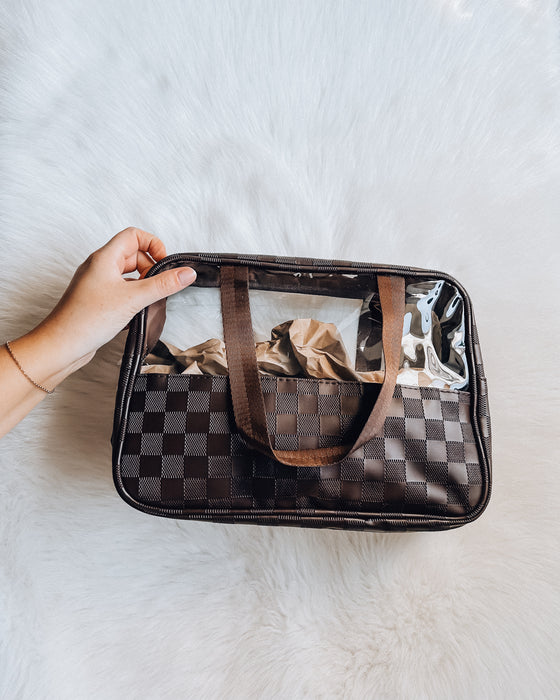 XL Clear Checkered Cosmetic Tote Bag [brown]