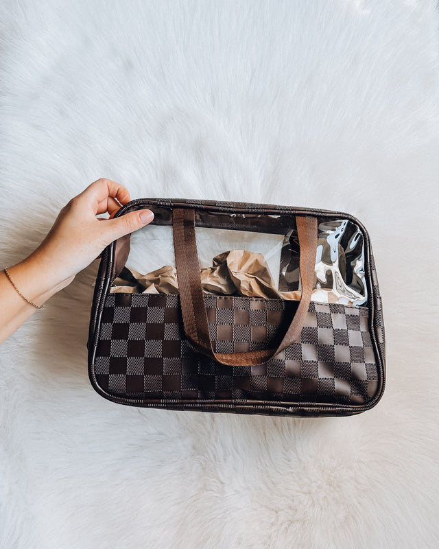 XL Clear Checkered Cosmetic Tote Bag [brown]