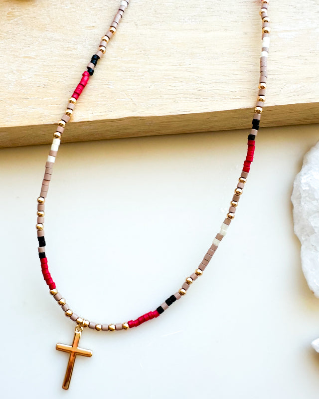 Seed Beaded Cross Necklace [gold]