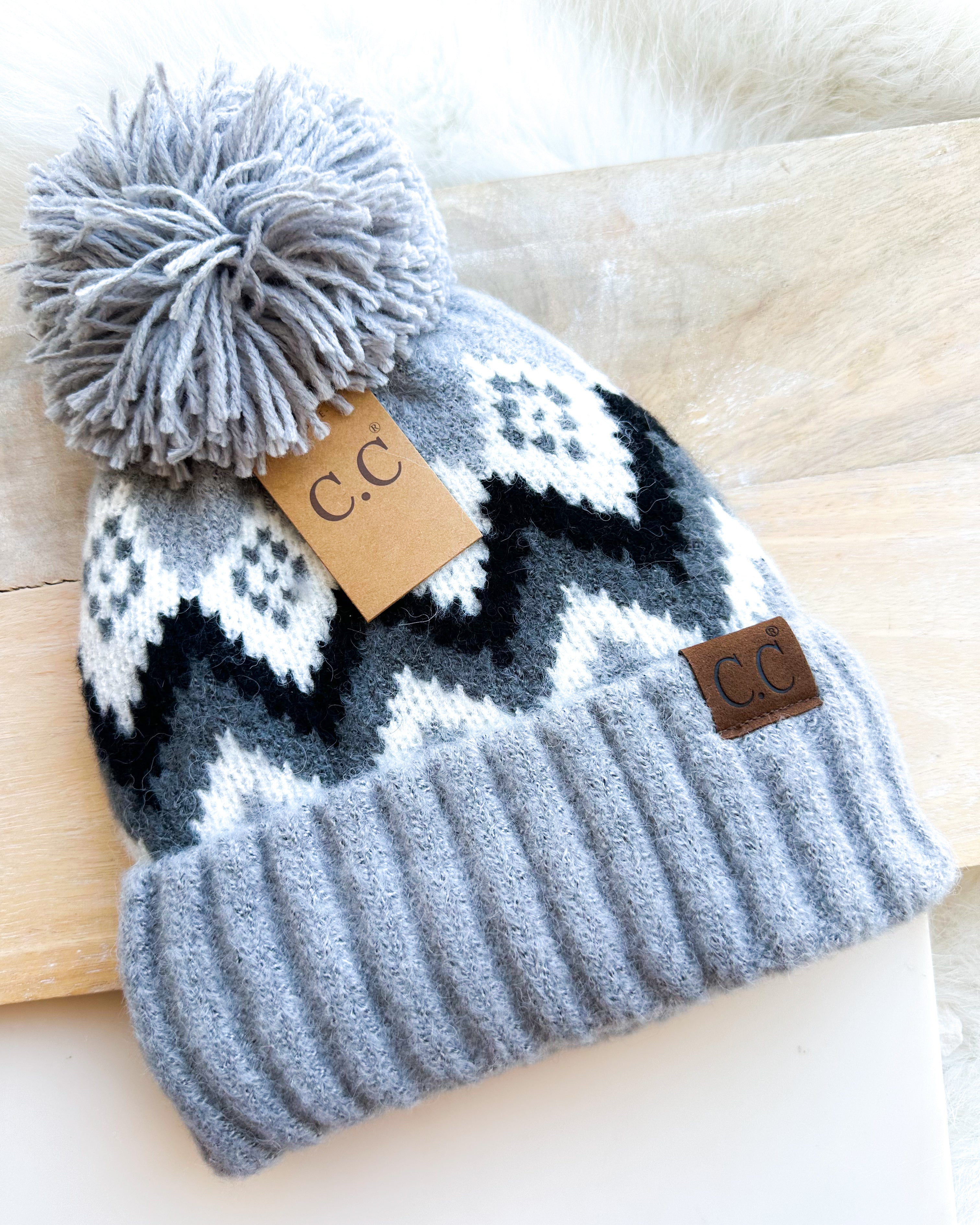 Aztec Chevron Knit Pom Beanie [grey]