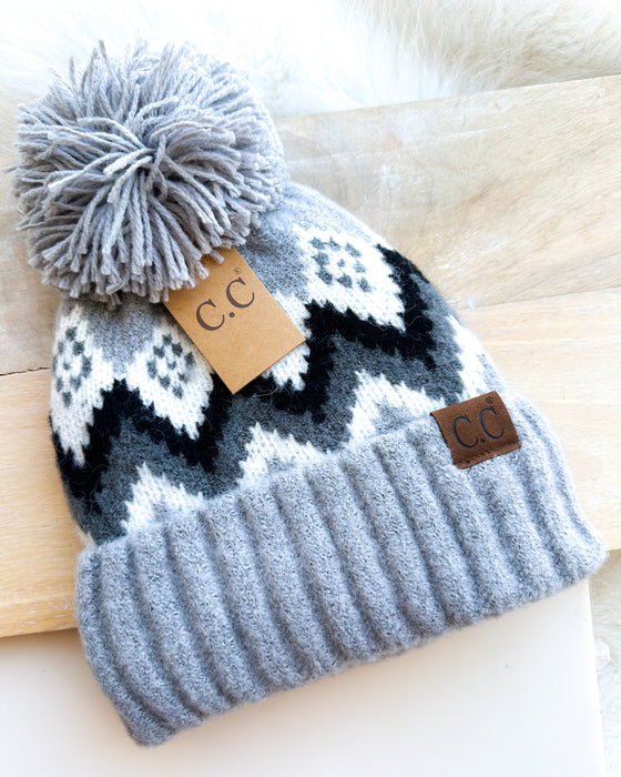 Aztec Chevron Knit Pom Beanie [grey]