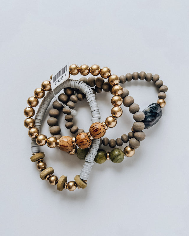 Wood and Stone Bracelet Set [gold/grey]