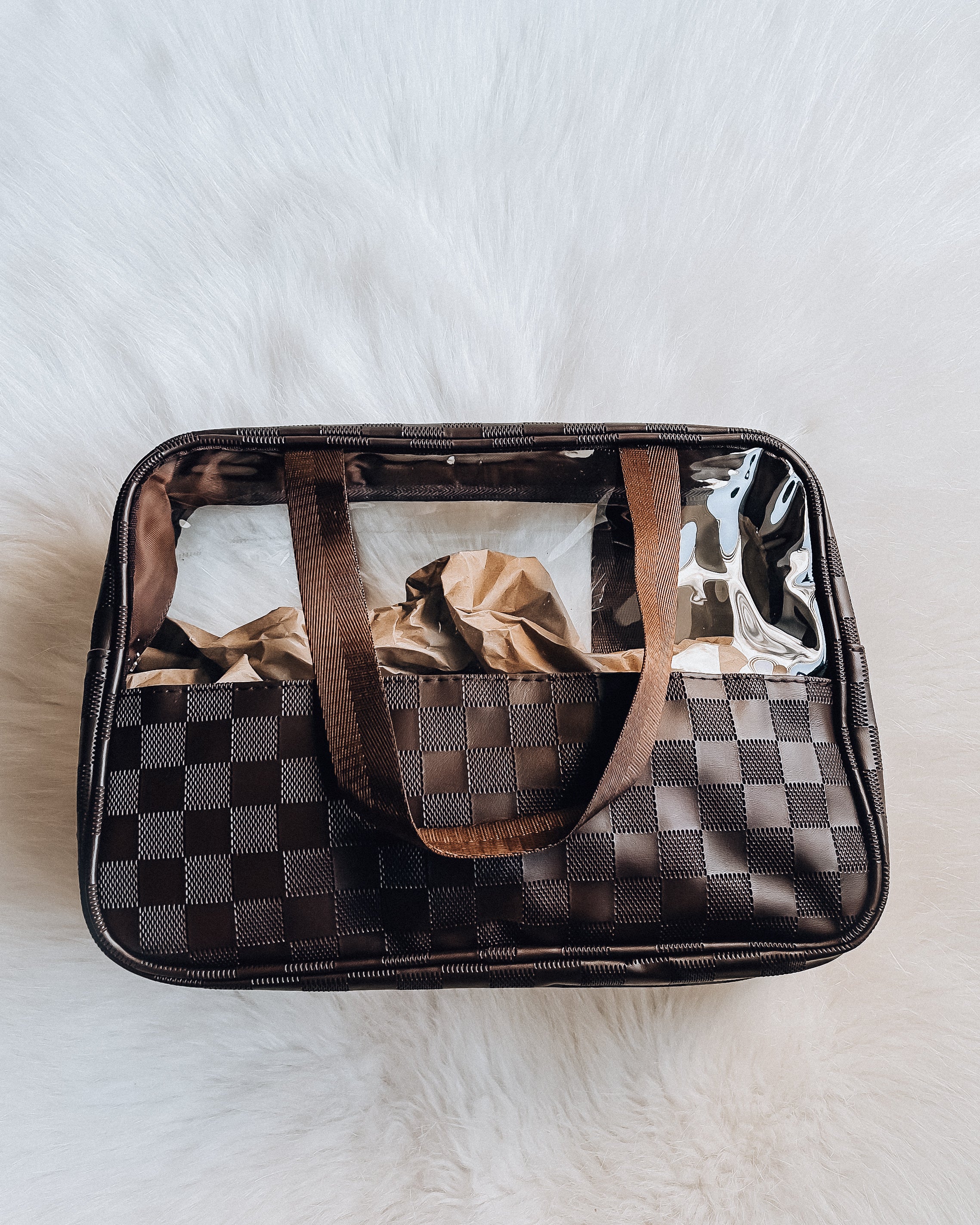 XL Clear Checkered Cosmetic Tote Bag [brown]