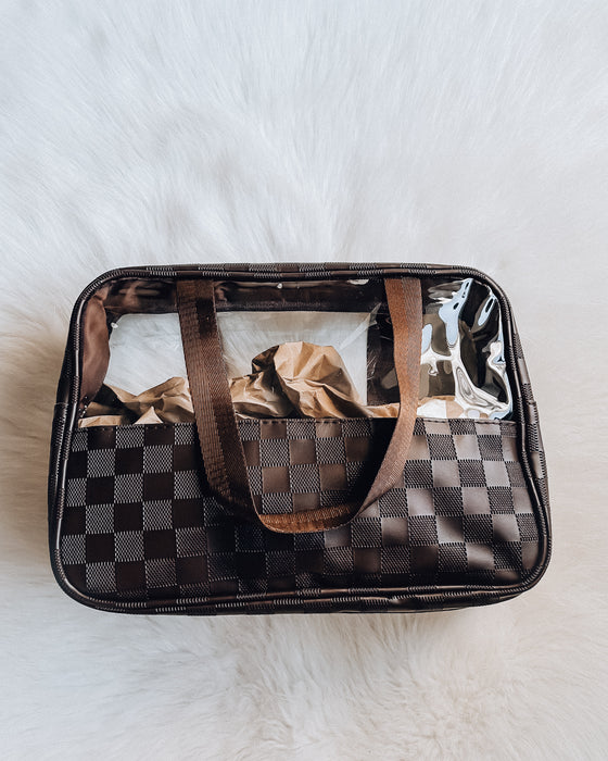 XL Clear Checkered Cosmetic Tote Bag [brown]