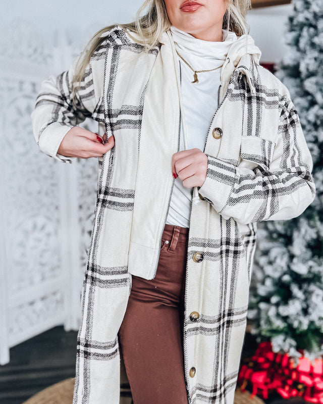 Remi Hooded Long Plaid Shacket [cream/brown]