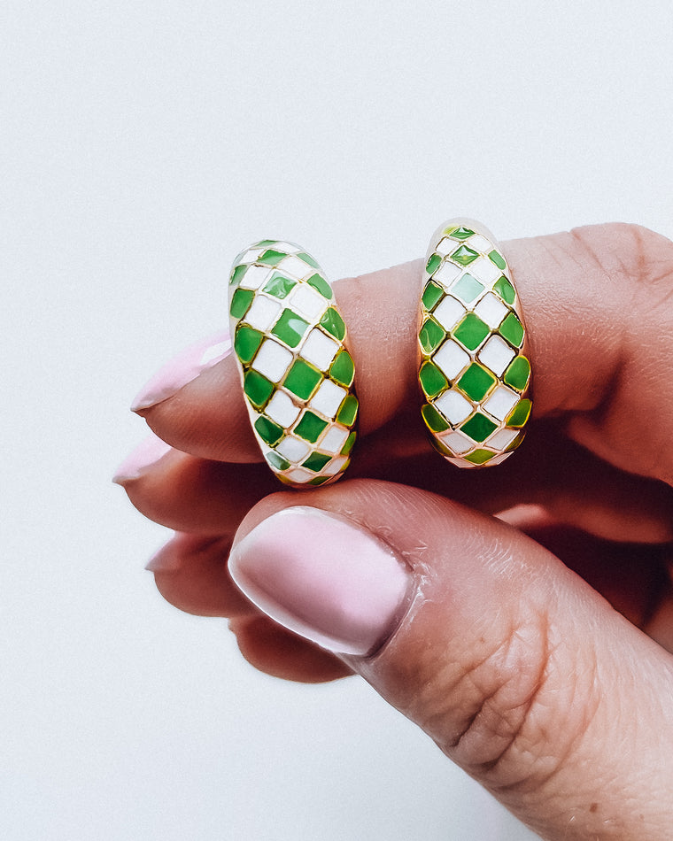 Puffy Checkered Earrings [gold/green]