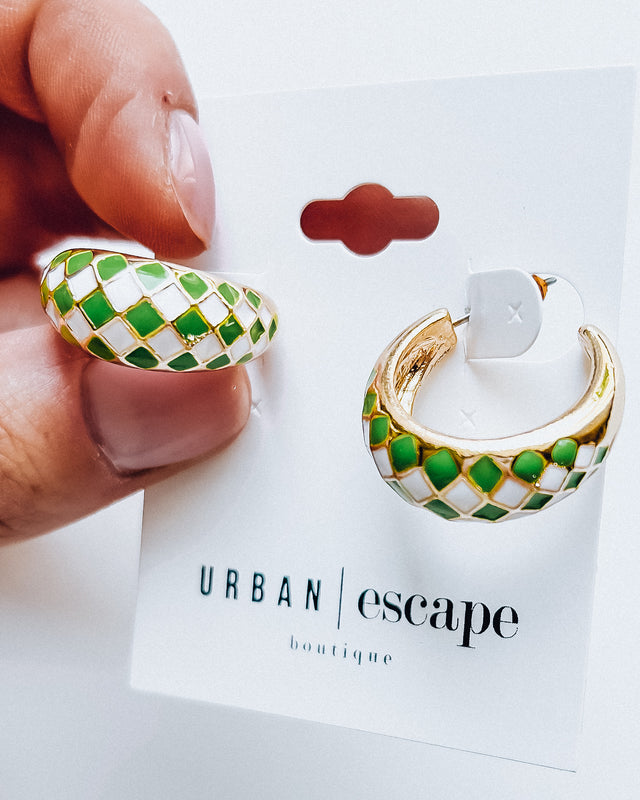 Puffy Checkered Earrings [gold/green]