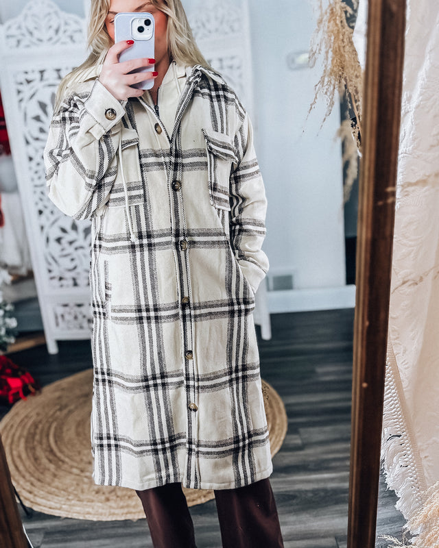 Remi Hooded Long Plaid Shacket [cream/brown]