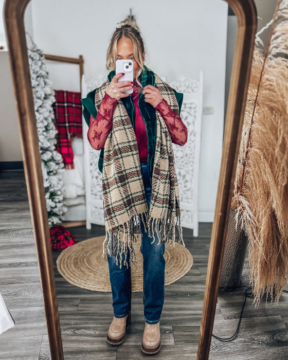 Soft Knit Plaid Scarf With Fringe Detail [ivory/red]