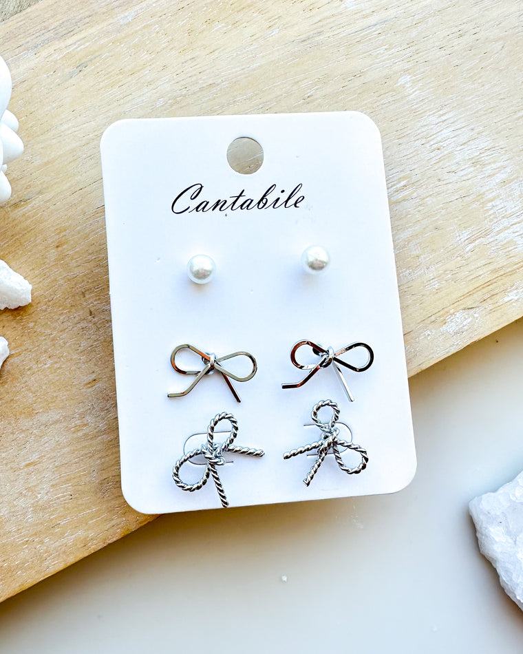 Set of 3 Bow & Pearl Earrings [silver]