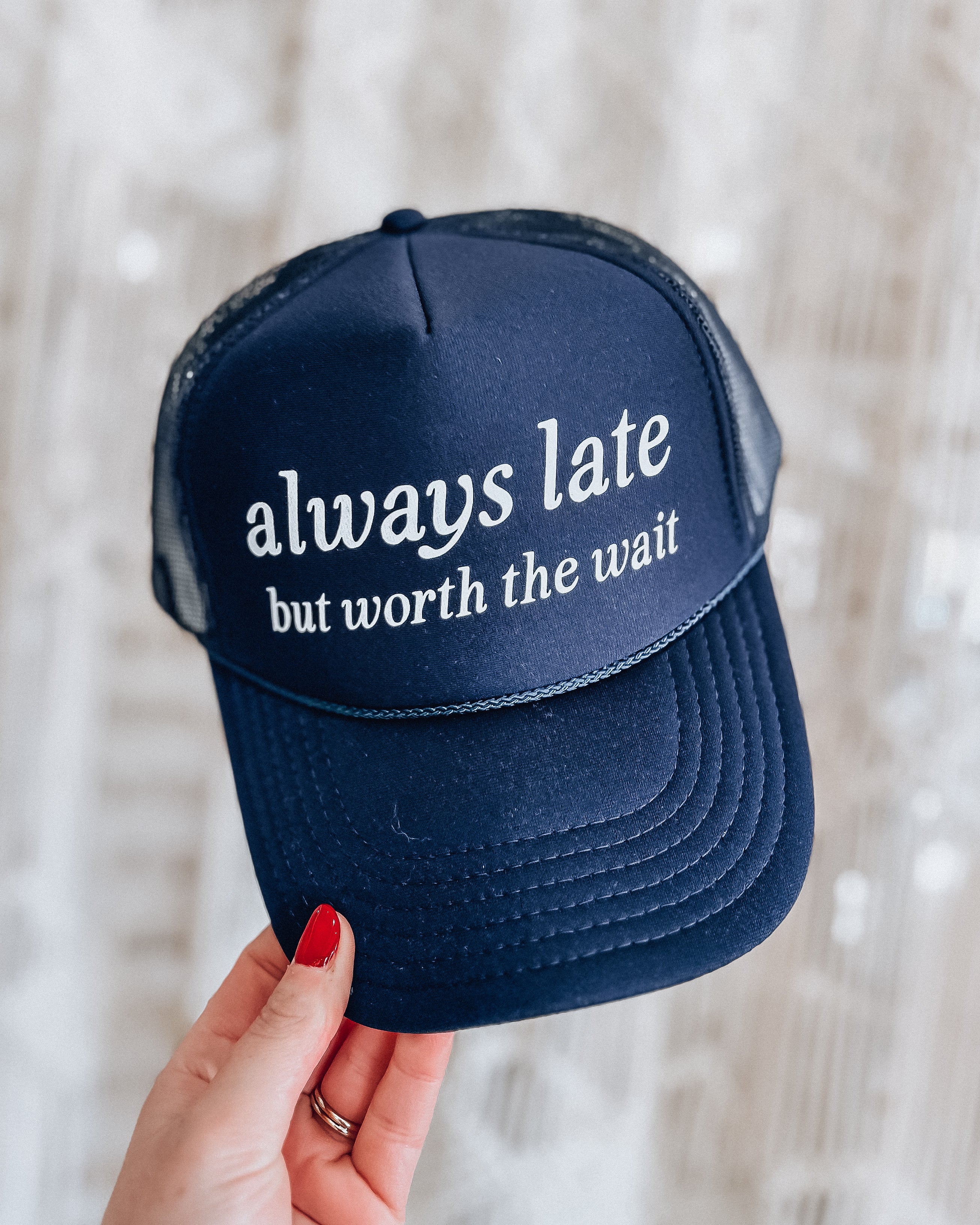 "Always Late" Trucker Hat [navy/white]