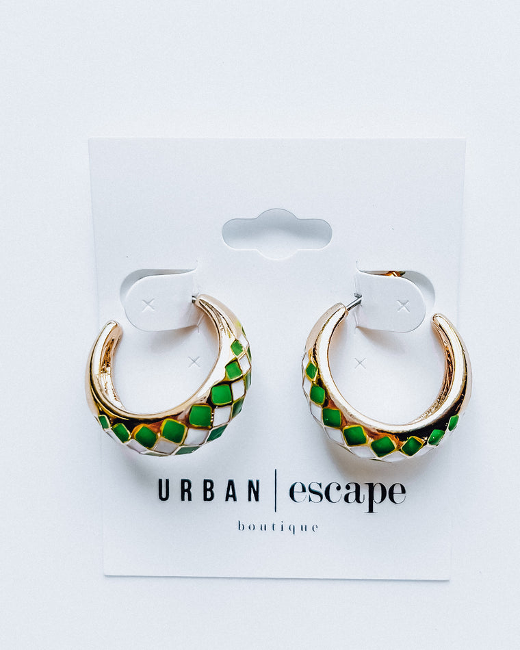 Puffy Checkered Earrings [gold/green]