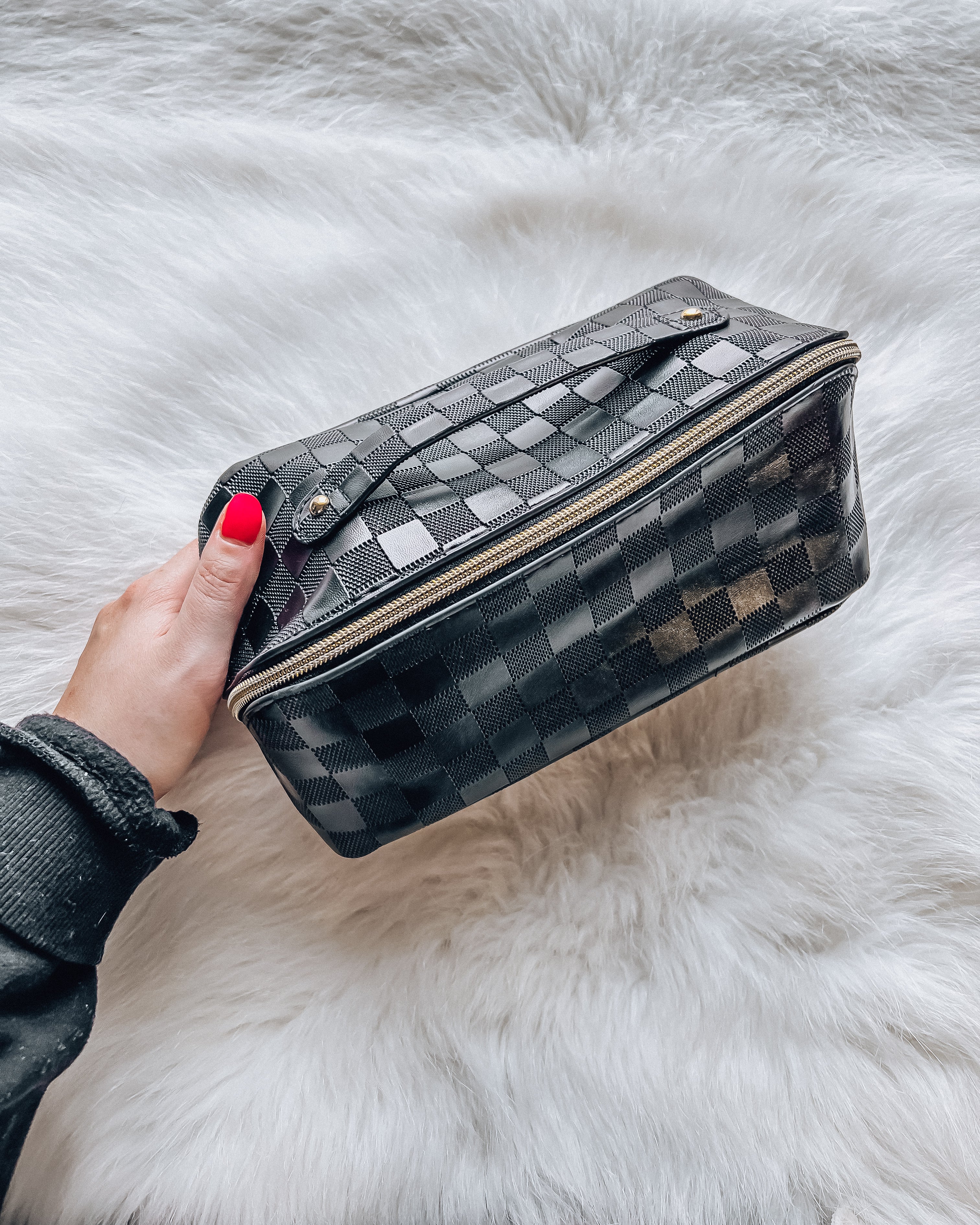 Flat Lay Checkered Cosmetic Bag [black]