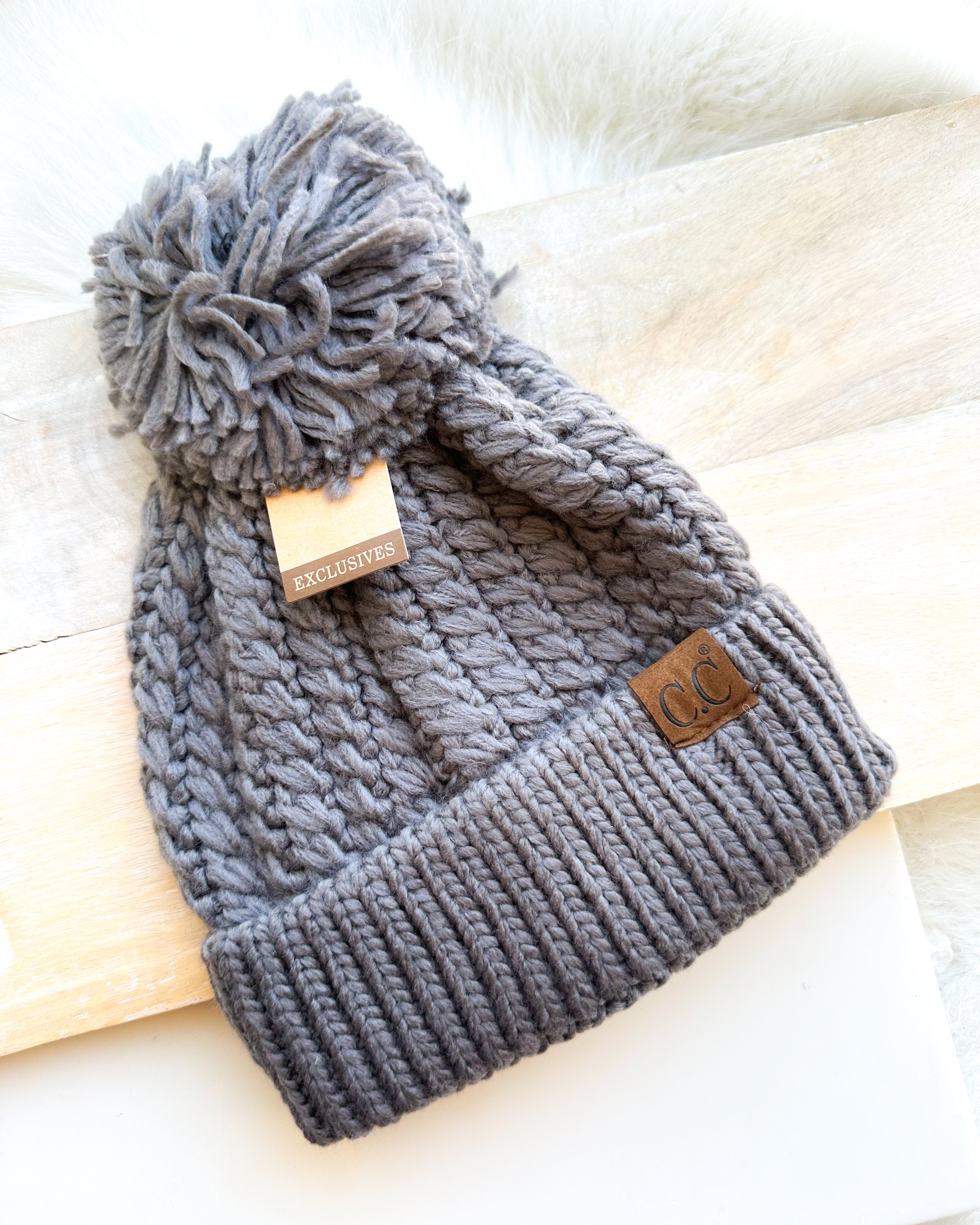 Twisted Mock Cable Knit Pom Beanie [charcoal]