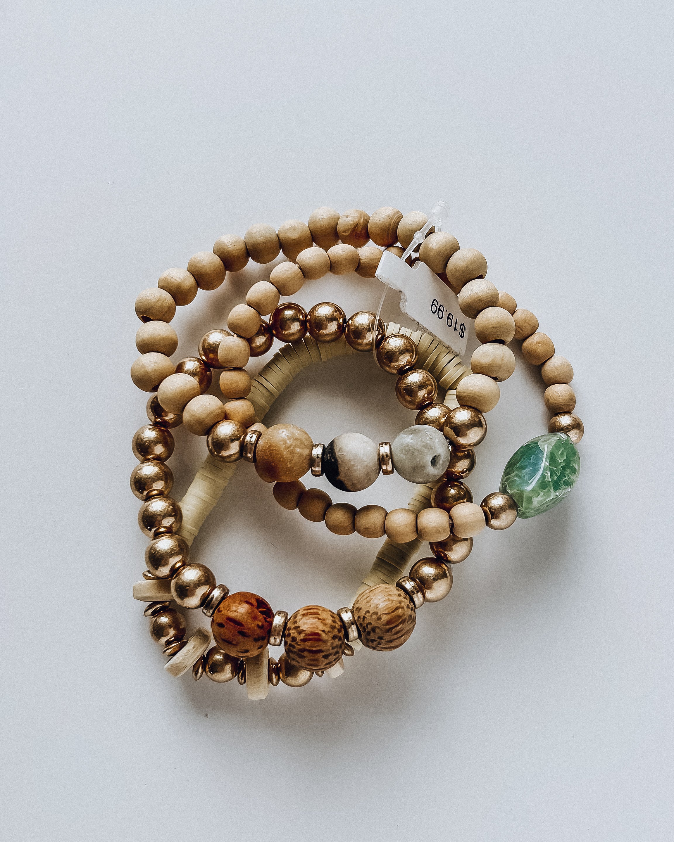 Wood and Stone Bracelet Set [gold/beige]